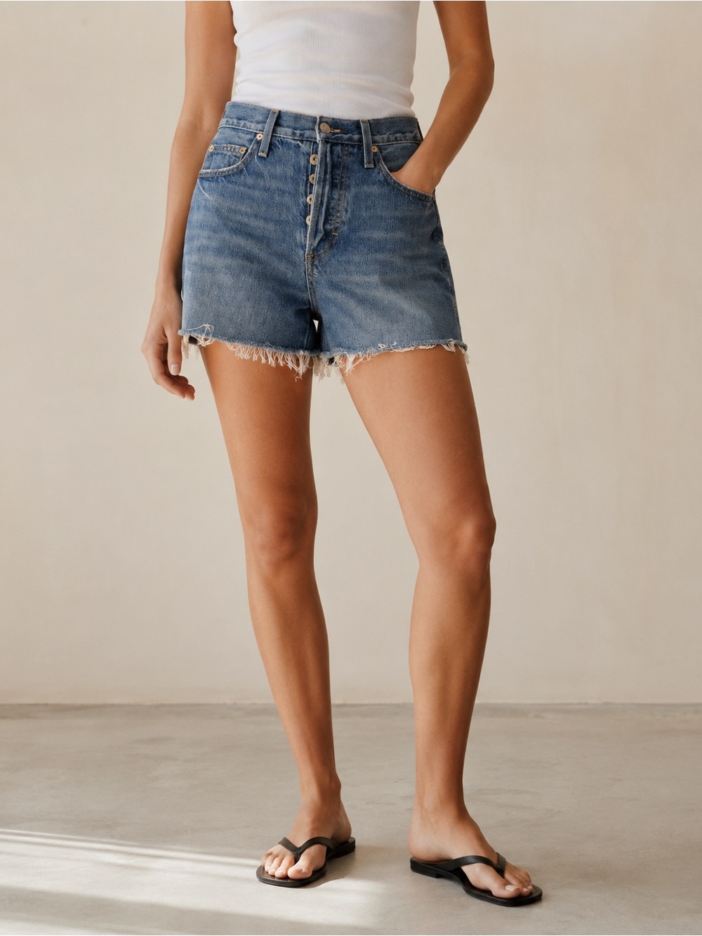 AMO High-Rise Frayed Hem Denim Shorts - Blue